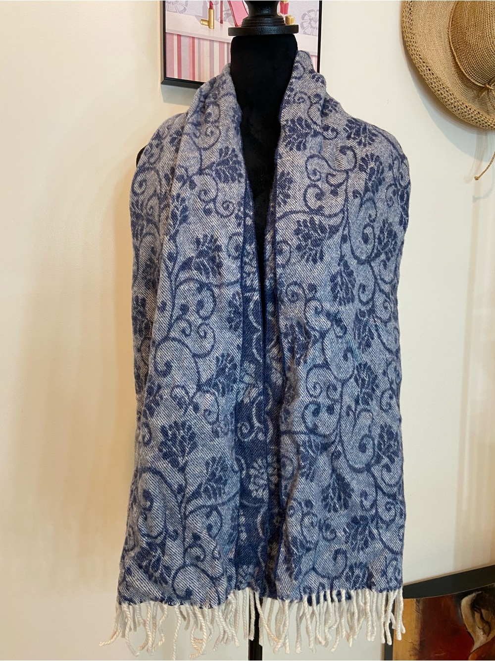 20% Cashmere Blend and 80% Wool Blue Floral Woven Shawl Wrap Scarf - Women